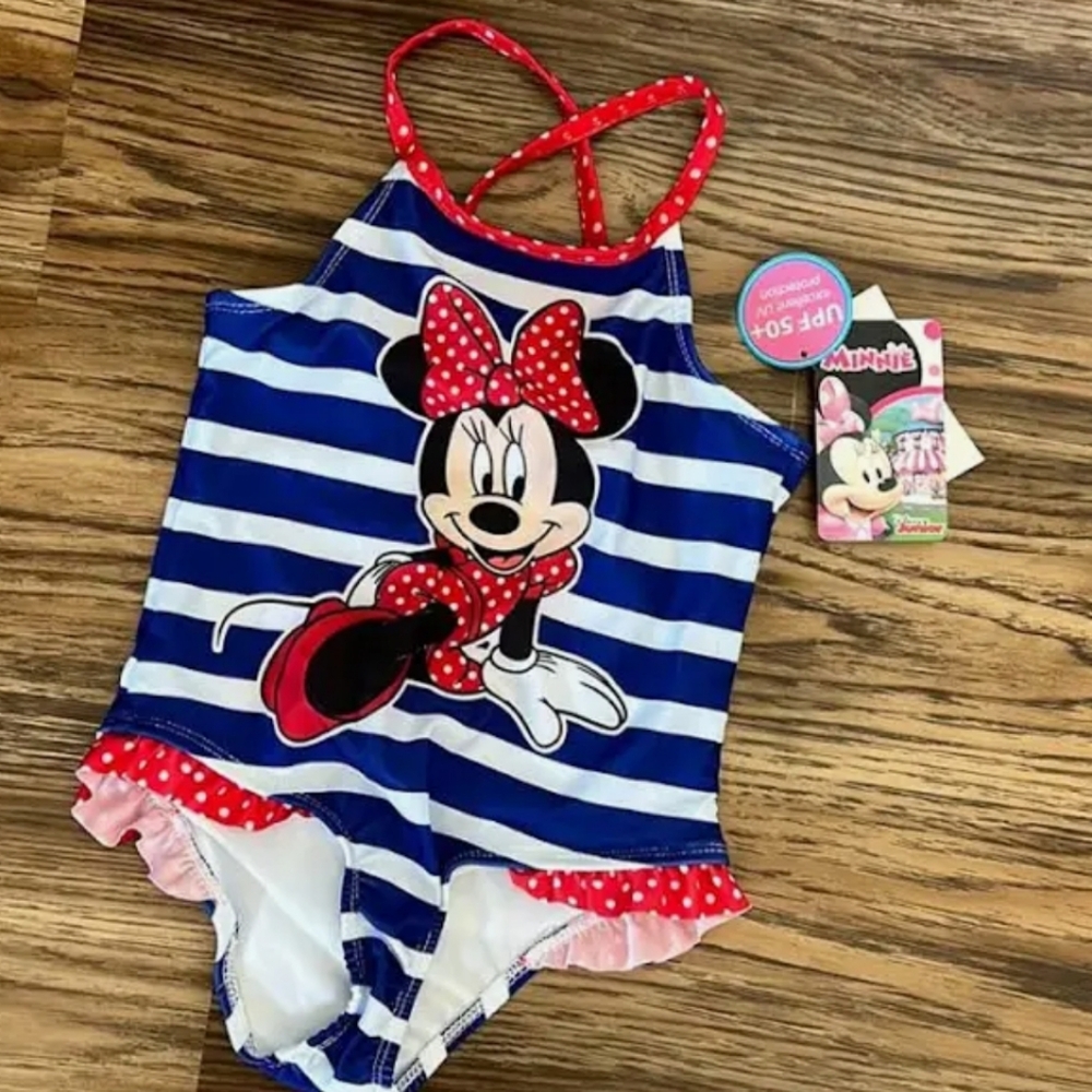 Disney Toddler Girl One-Piece Red/White/Blue Minnie Mouse Swimsuit Swimwear Bath